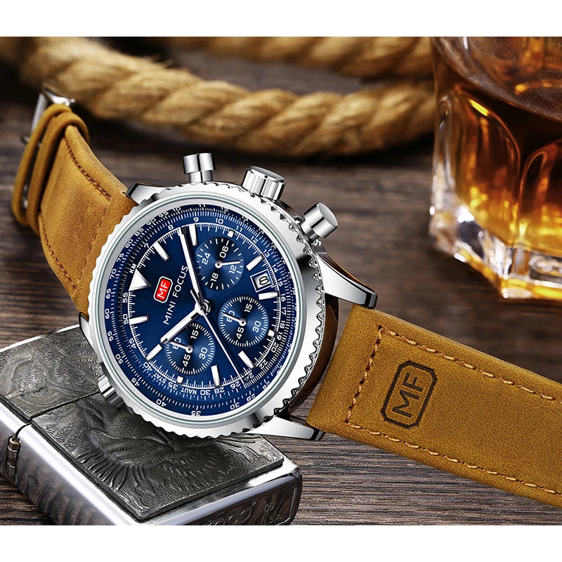 Men's Chronograph Quartz Watch – Leather Strap & Luminous Hands