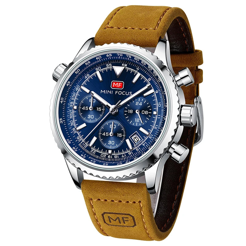 Men's Chronograph Quartz Watch – Leather Strap & Luminous Hands