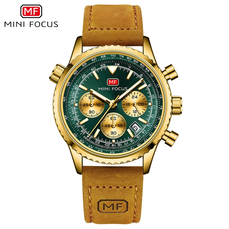 Men's Chronograph Quartz Watch – Leather Strap & Luminous Hands