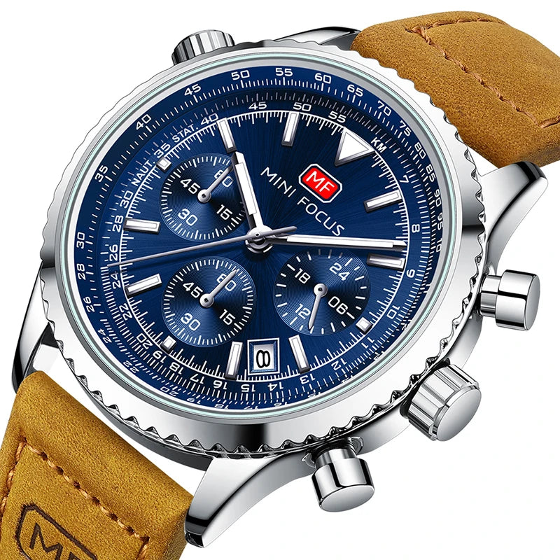 Men's Chronograph Quartz Watch – Leather Strap & Luminous Hands