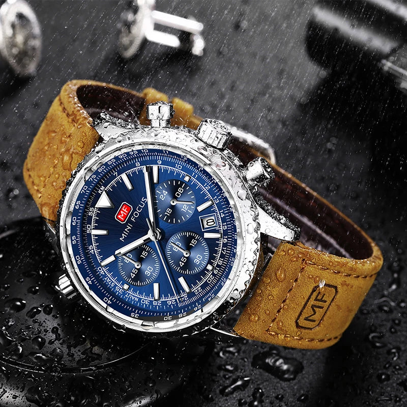 Men's Chronograph Quartz Watch – Leather Strap & Luminous Hands
