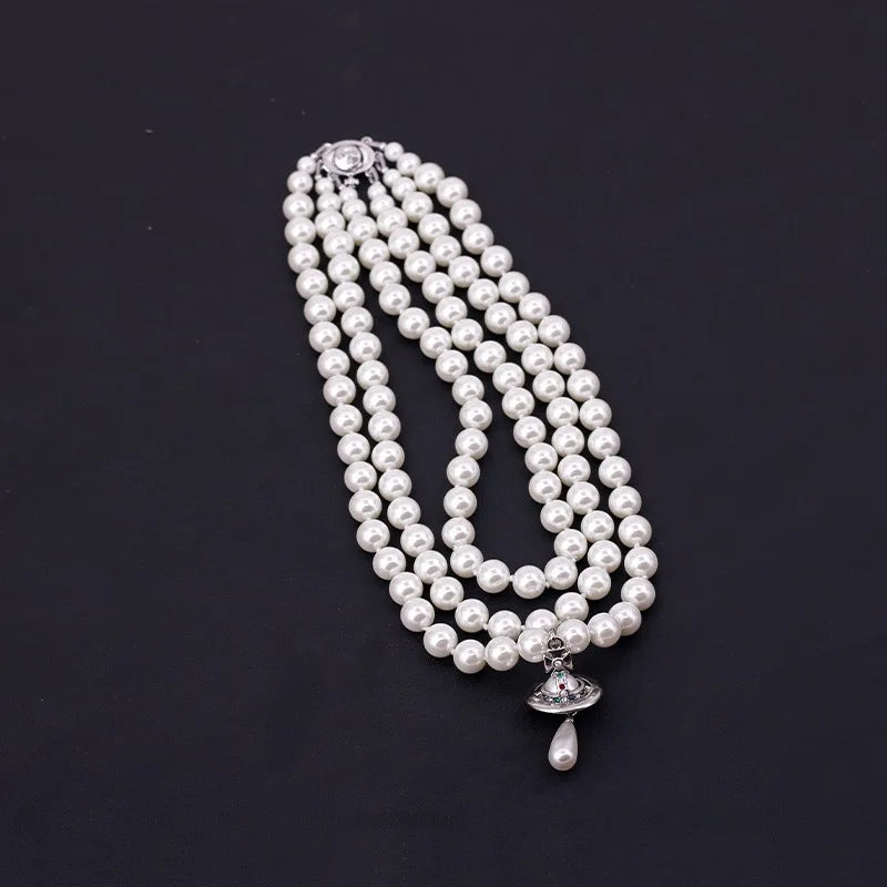 3-Layer Pearl Necklace – Water Drop Saturn Pendant, Niche Punk Luxury Design, Elegant Statement Jewelry for Women ✅FREE UK Delivery