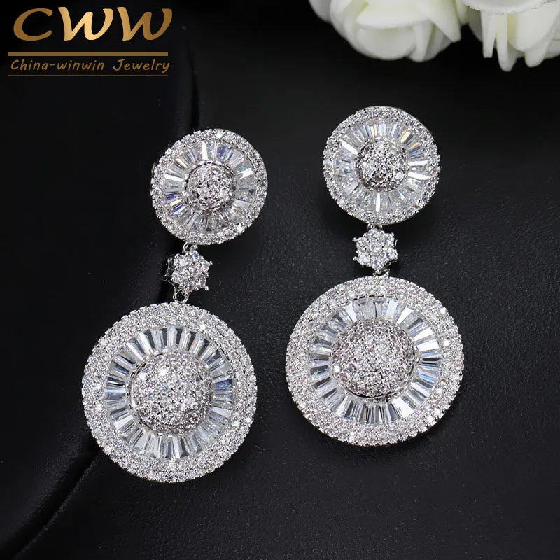CWWZircons Micro Pavé Cubic Zirconia Bridal Drop Earrings – White Gold Tone Wedding Jewellery E0017