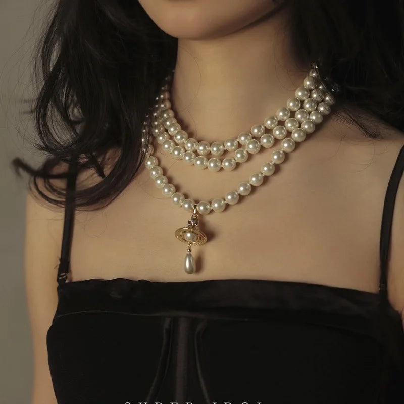 3-Layer Pearl Necklace – Water Drop Saturn Pendant, Niche Punk Luxury Design, Elegant Statement Jewelry for Women ✅FREE UK Delivery