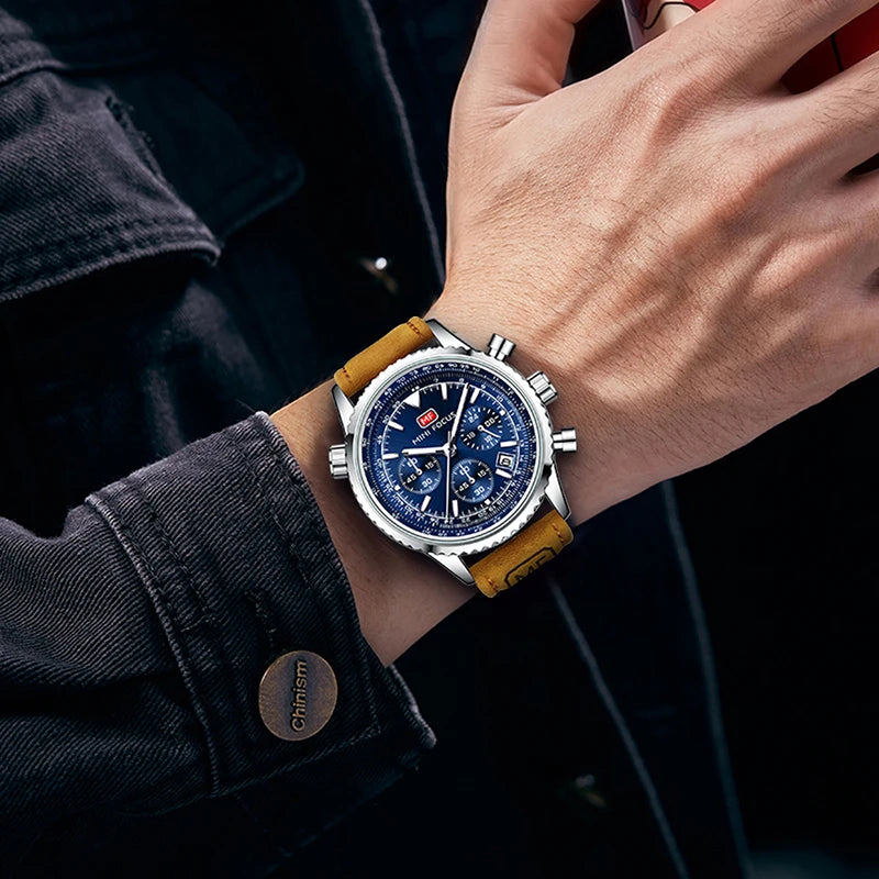 Men's Chronograph Quartz Watch – Leather Strap & Luminous Hands