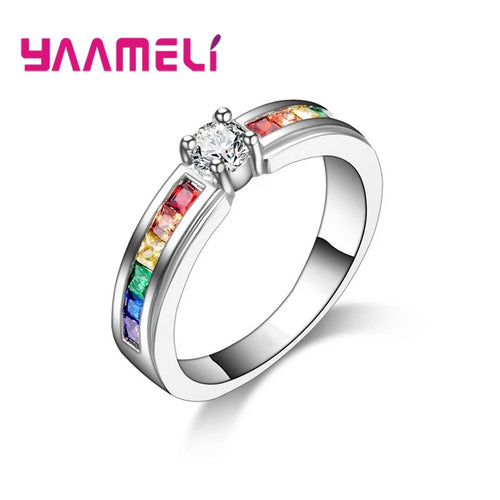 925 Sterling Silver Rainbow Cubic Zirconia Ring – Engagement & Wedding Band for Women
