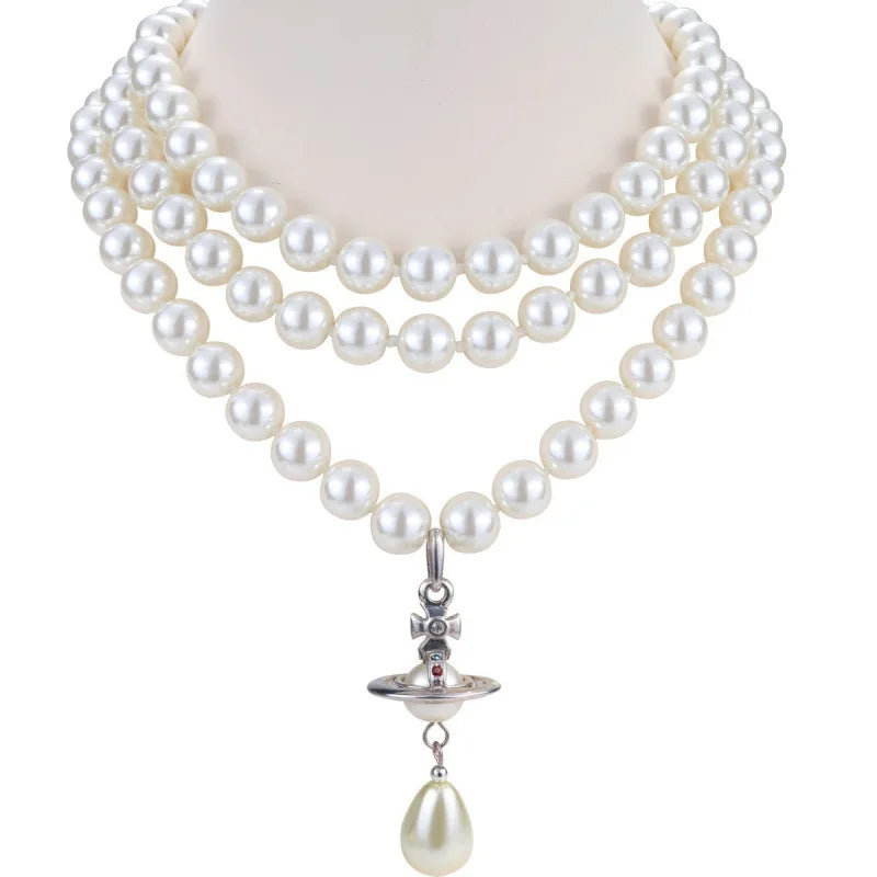 3-Layer Pearl Necklace – Water Drop Saturn Pendant, Niche Punk Luxury Design, Elegant Statement Jewelry for Women ✅FREE UK Delivery
