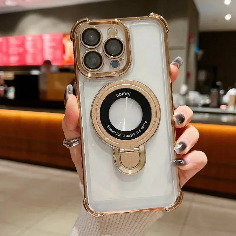 Luxury Plating Shockproof Magnetic Bracket For Magsafe Clear Case For iPhone 15 16 14 13 12 11 Pro Max With Holder Stand Cover