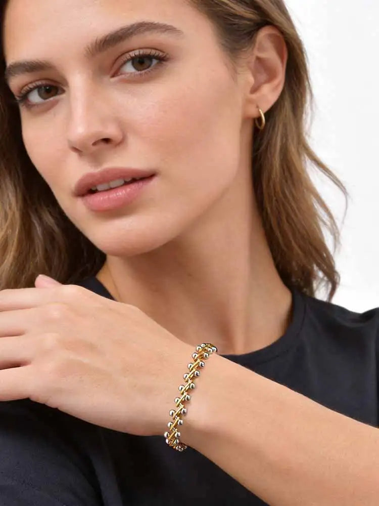 Gold & Silver Two-Tone Beaded Bracelet – Minimalist Stackable Layered Jewelry, Trendy Elegant Accessory for Women, Party & Daily Wear ✅FREE UK Delivery