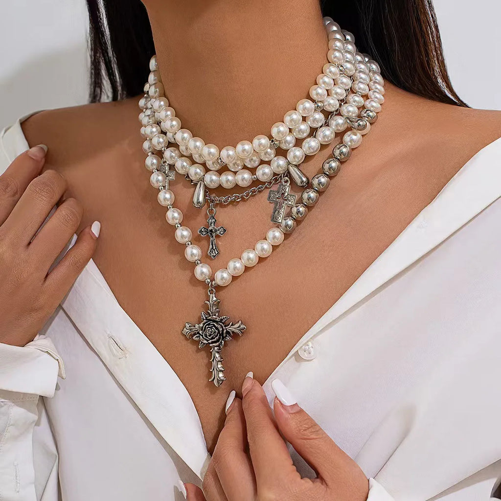 3-Layered Faux Pearl Necklace Set – Vintage Baroque Style with Cross Pendant FREE UK Delivery