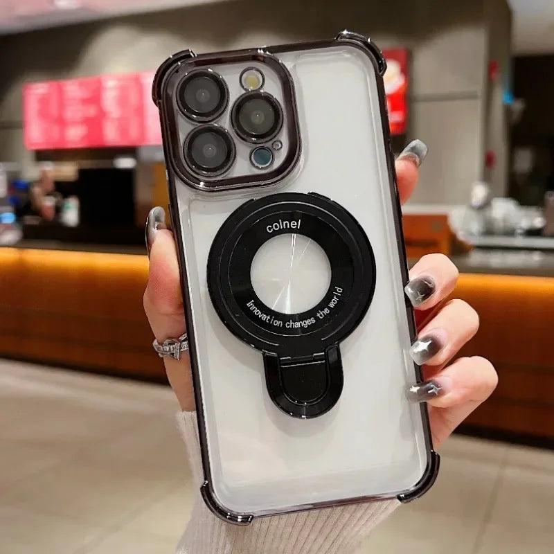 Luxury Plating Shockproof Magnetic Bracket For Magsafe Clear Case For iPhone 15 16 14 13 12 11 Pro Max With Holder Stand Cover
