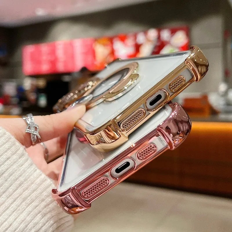 Luxury Plating Shockproof Magnetic Bracket For Magsafe Clear Case For iPhone 15 16 14 13 12 11 Pro Max With Holder Stand Cover