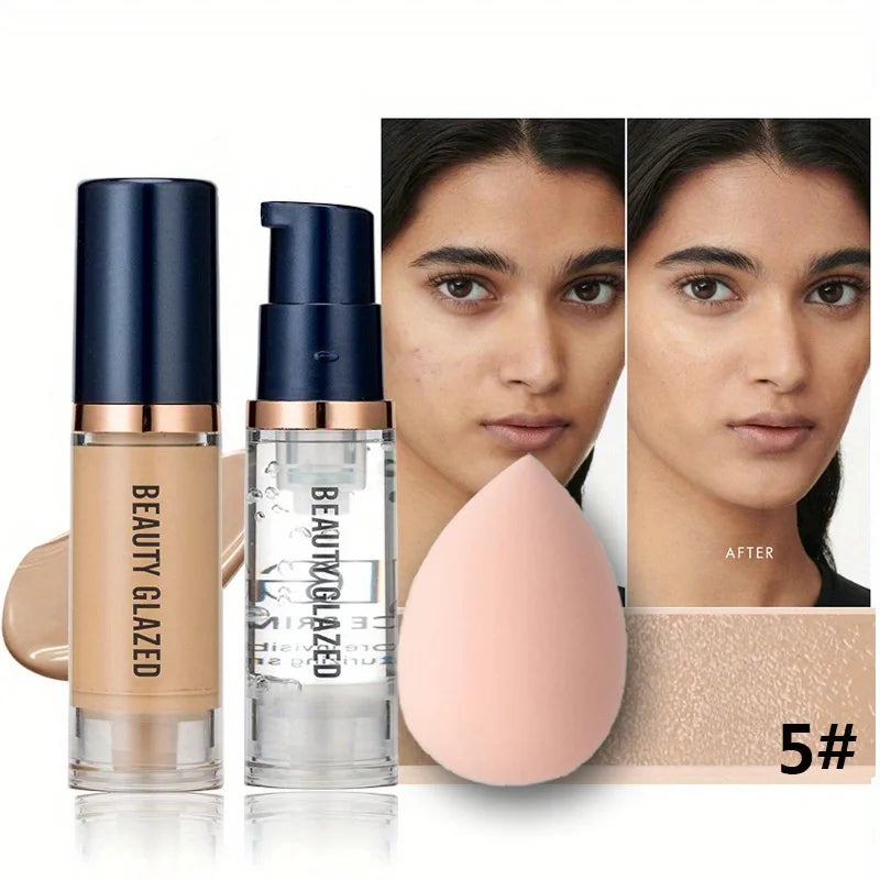 Beauty Glazed 3-Piece Makeup Set | Foundation + Primer + Sponge | ✅ FREE UK Delivery