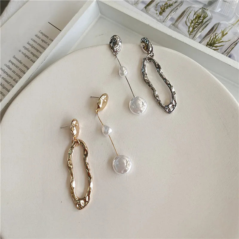 Asymmetric Long Earrings | Freshwater Pearl & Gold/Silver
