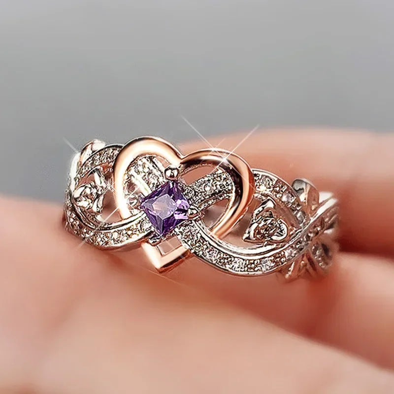 Luxury Women Love Heart Rings Romantic Rose Flower Ring Design Elegant Purple Zircon Wedding Rings Fashion Jewelry Кольца