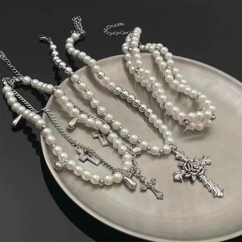 3-Layered Faux Pearl Necklace Set – Vintage Baroque Style with Cross Pendant FREE UK Delivery