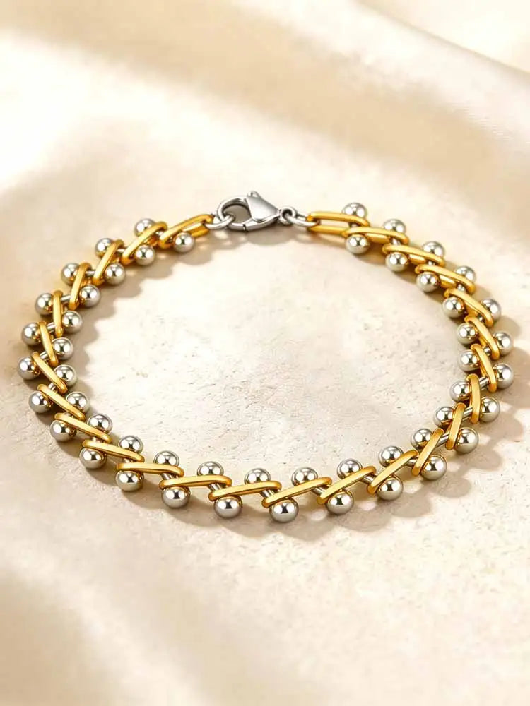 Gold & Silver Two-Tone Beaded Bracelet – Minimalist Stackable Layered Jewelry, Trendy Elegant Accessory for Women, Party & Daily Wear ✅FREE UK Delivery