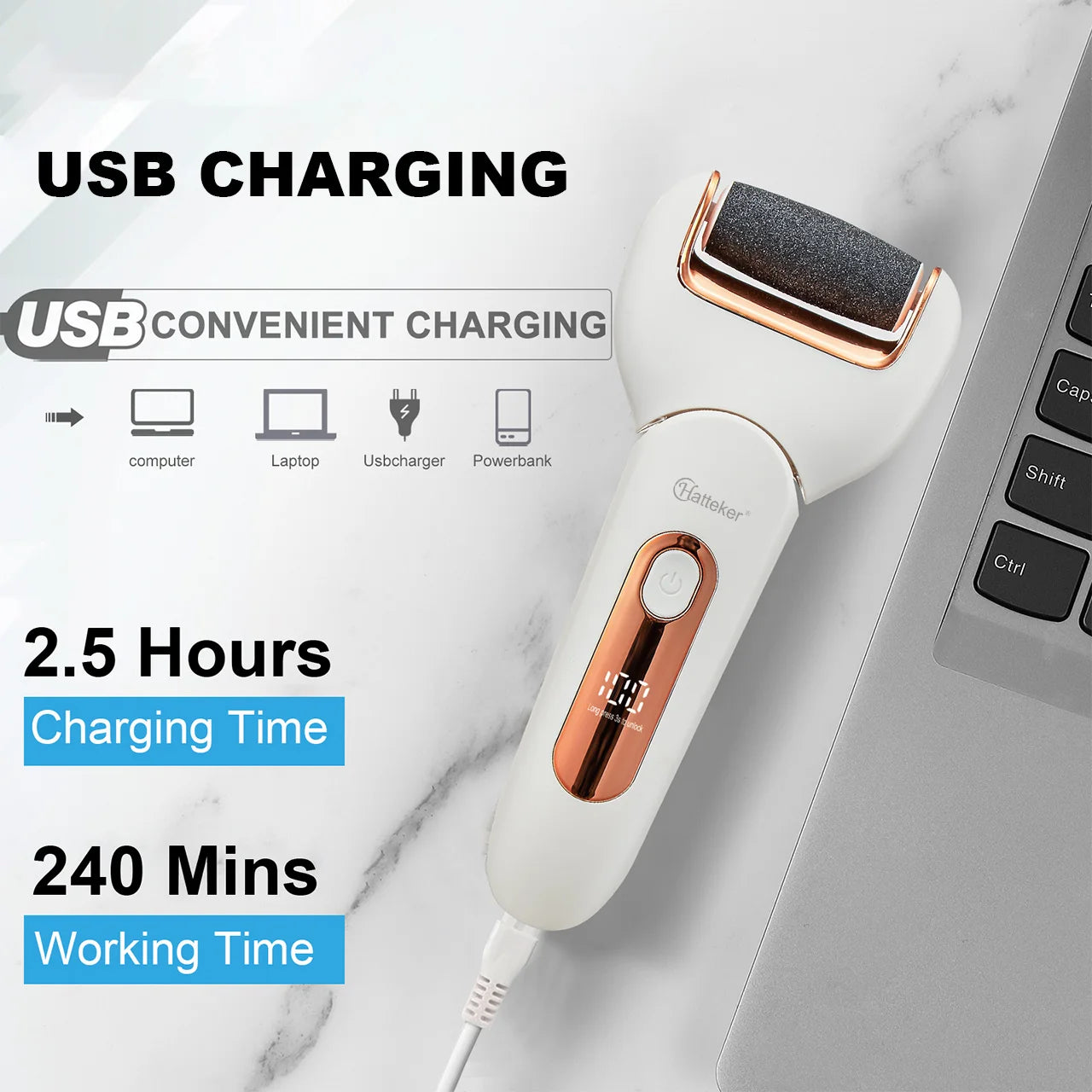 Hatteker Electric Foot File USB Rechargeable Callus Remover Pedicure Device Foot Care Tool for Heel Hard Skin Removal Waterproof
