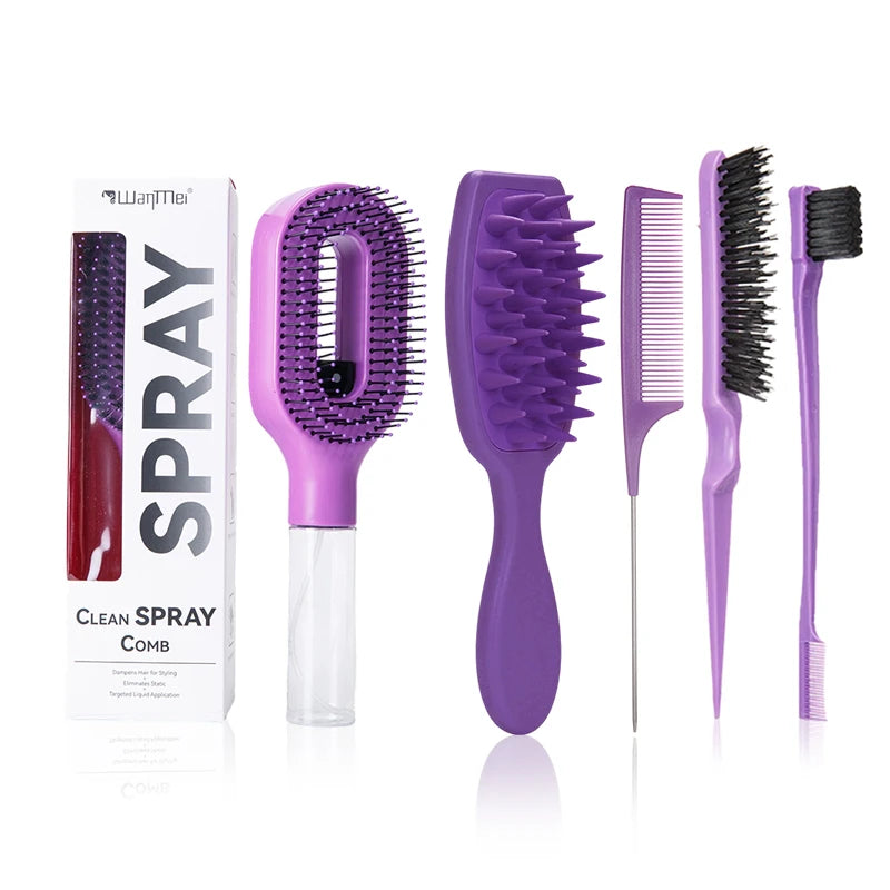 4-Piece Hair Styling Kit – Spray Comb, Scalp Massage Brush, Rat Tail Comb & Edge Brush