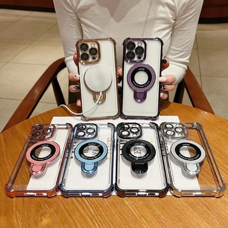 Luxury Plating Shockproof Magnetic Bracket For Magsafe Clear Case For iPhone 15 16 14 13 12 11 Pro Max With Holder Stand Cover