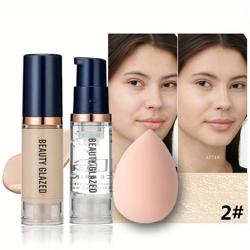 Beauty Glazed 3-Piece Makeup Set | Foundation + Primer + Sponge | ✅ FREE UK Delivery