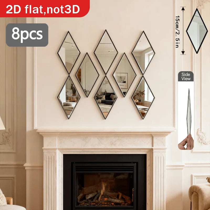 8pcs Rhombic Wall Mirror Set | Decorative Self-Adhesive Stickers | Free UK Delivery