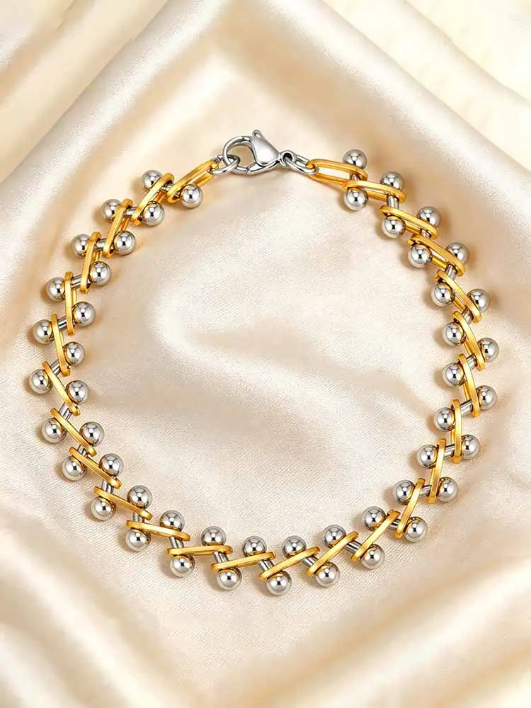 Gold & Silver Two-Tone Beaded Bracelet – Minimalist Stackable Layered Jewelry, Trendy Elegant Accessory for Women, Party & Daily Wear ✅FREE UK Delivery