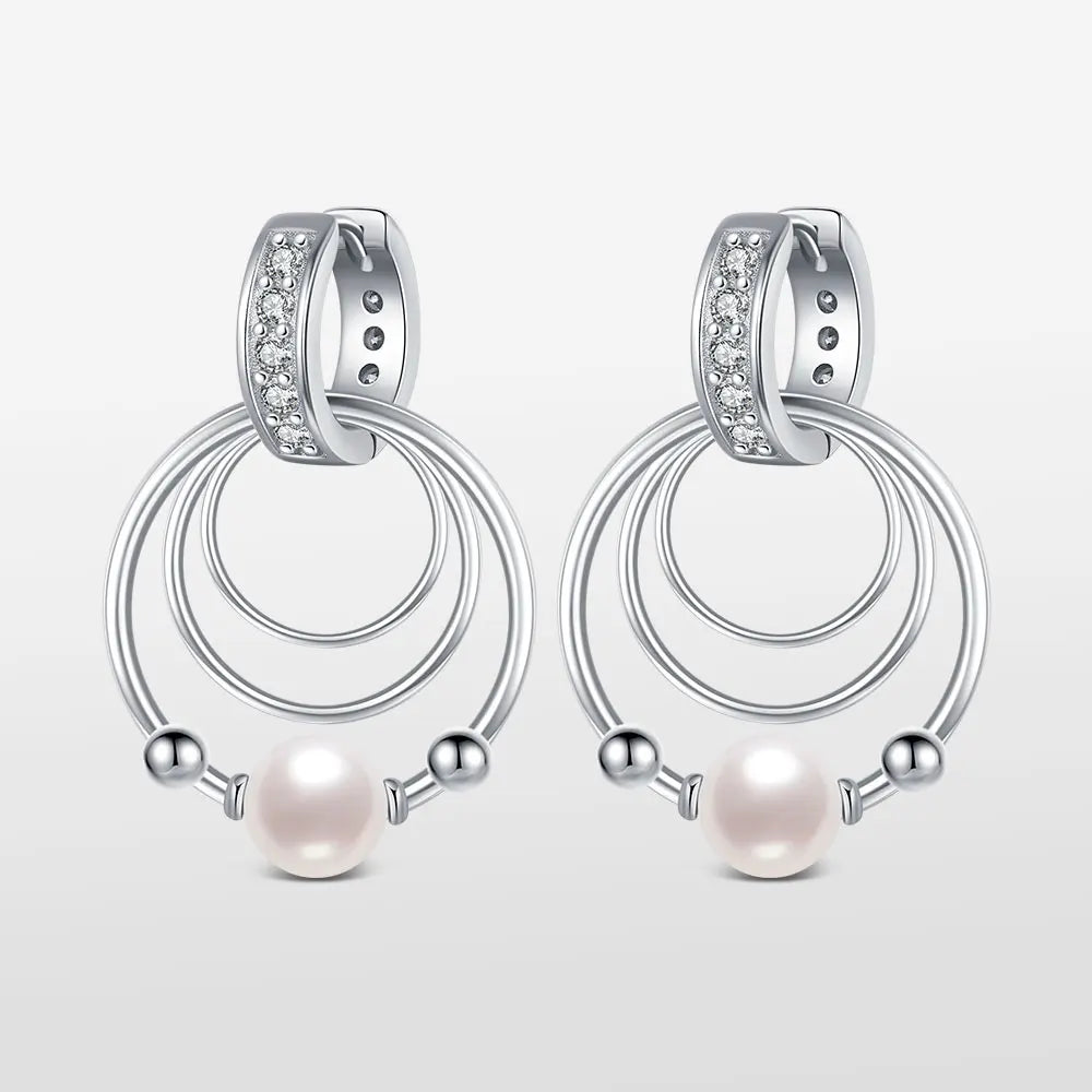 925 Sterling Silver Three-Ring Pearl Earrings – Elegant Dangle Earrings for Women, Classic Fashion Jewelry, Ideal Gift for All Occasions ✅FREE UK Delivery