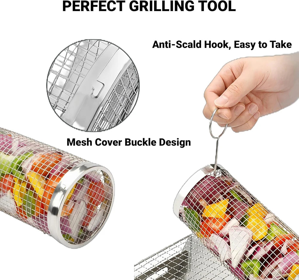 Cylindrical BBQ Grill Cage – Stainless Steel, Camping & Outdoor ✅FREE UK Delivery