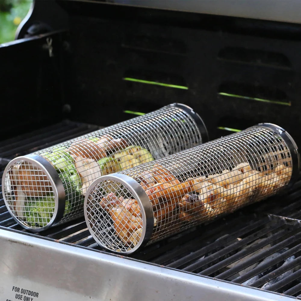 Cylindrical BBQ Grill Cage – Stainless Steel, Camping & Outdoor ✅FREE UK Delivery
