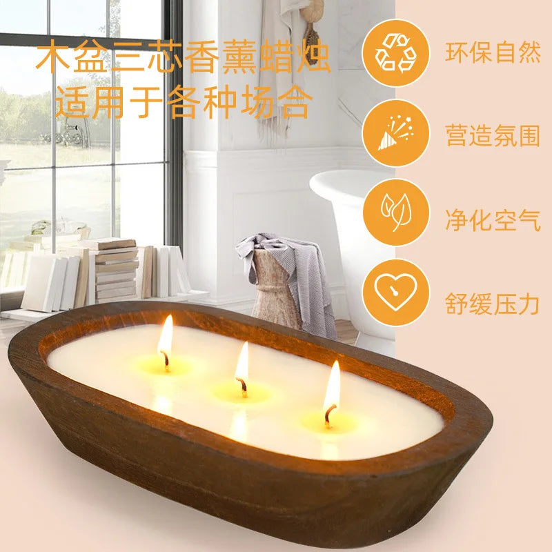 Large Wooden Basin Scented Candle | Triple Wick Soy Wax Luxury Home Fragrance
