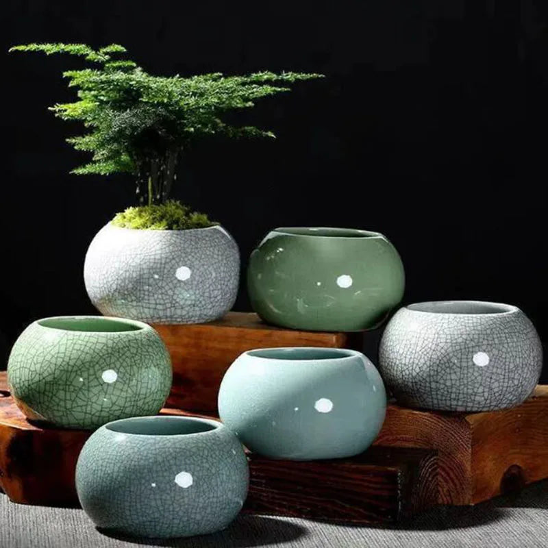 Creative Handmade Geyao Ice Crack Round Succulent Plant Pot Asparagus Fern Orchid Flowerpot Small Size Vase Home Garden Decor