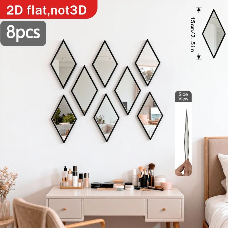 8pcs Rhombic Wall Mirror Set | Decorative Self-Adhesive Stickers | Free UK Delivery