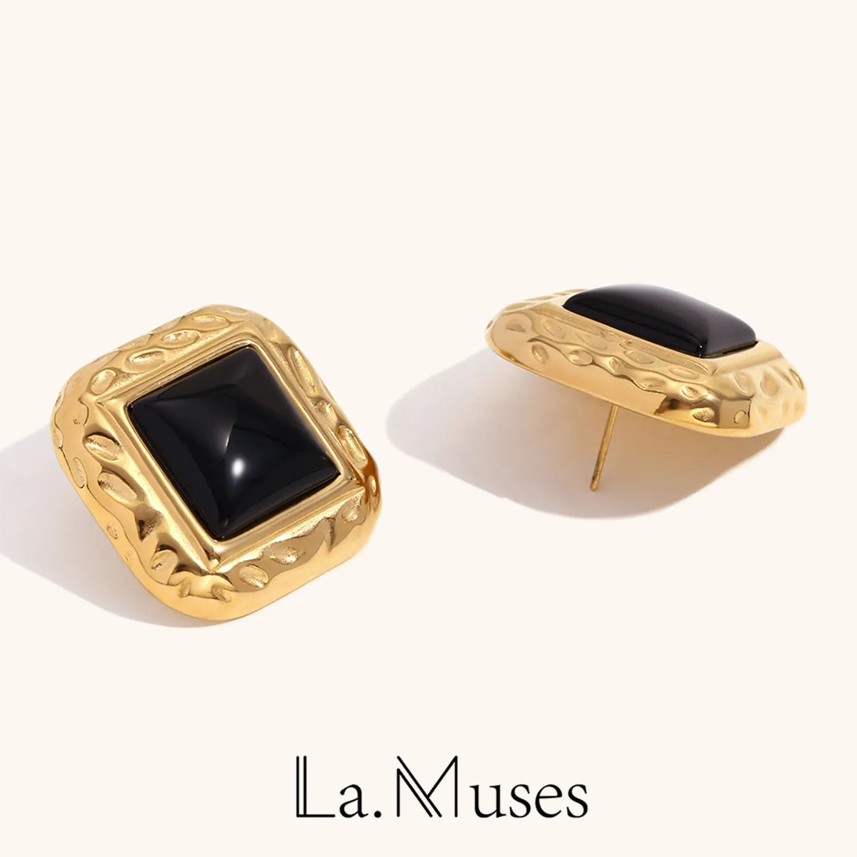 La.Muses Gold Plated Square Stud Earrings – Black Acrylic Inlay, Vintage Elegant Design, Chic Fashion Jewelry for Women, Daily & Party Wear ✅FREE UK Delivery