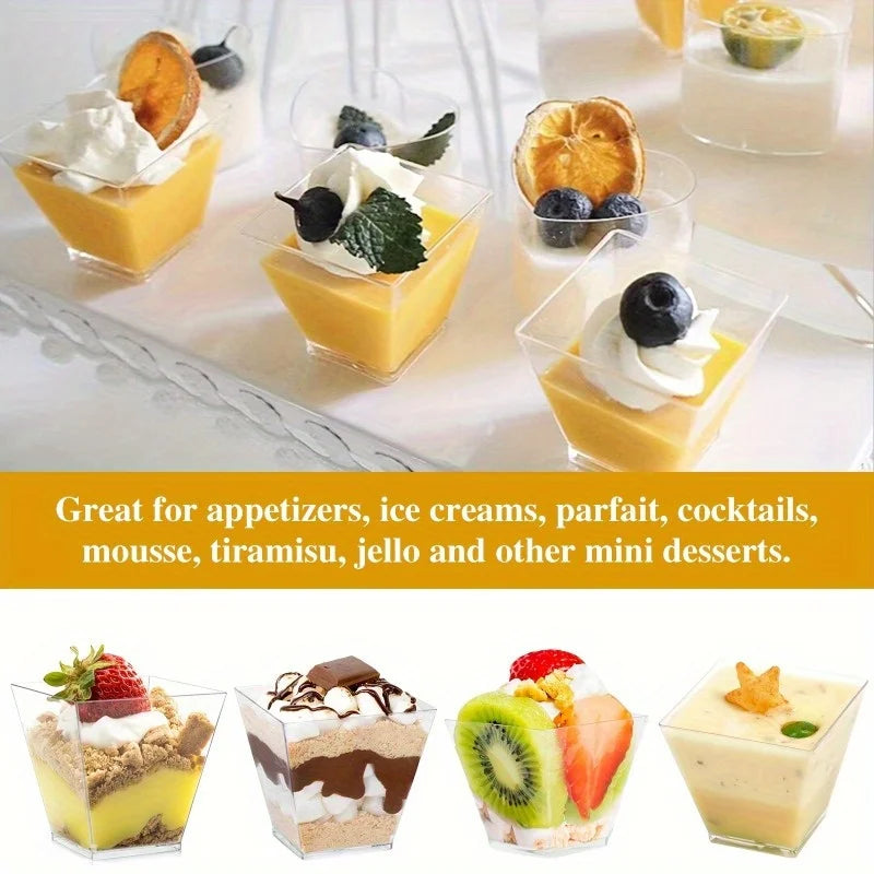 Plastic Square Dessert Cups, Small Appetizer Cups, Plastic Cup for Puddings, Chocolate Cakes, Gathering Wedding Party Supplies