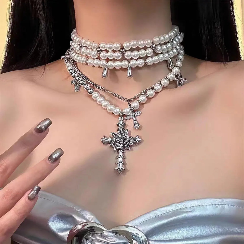 3-Layered Faux Pearl Necklace Set – Vintage Baroque Style with Cross Pendant FREE UK Delivery