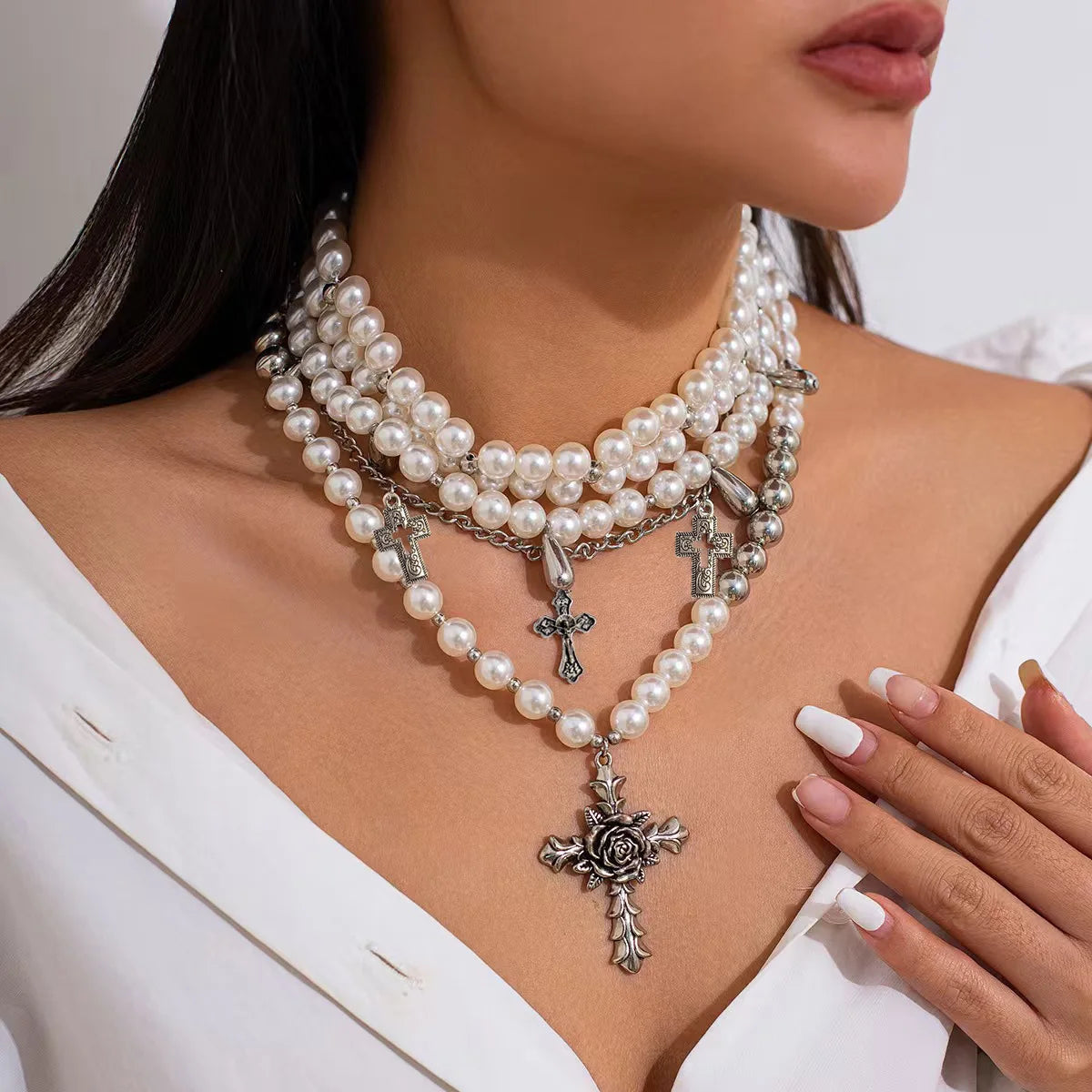 3-Layered Faux Pearl Necklace Set – Vintage Baroque Style with Cross Pendant FREE UK Delivery