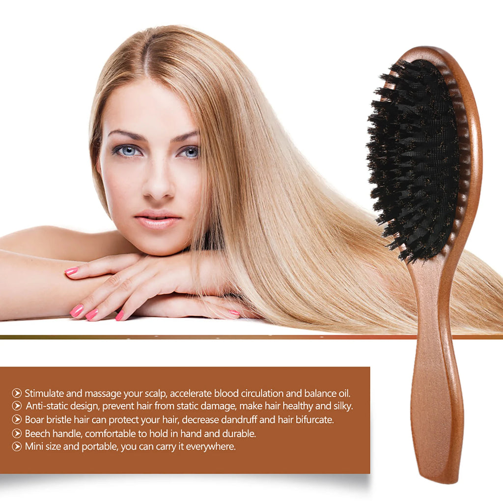 Natural Boar Bristle Hair Brush Comb Oval Anti-static Paddle Hair Extension Brush Scalp Massage Beech Wooden Handle