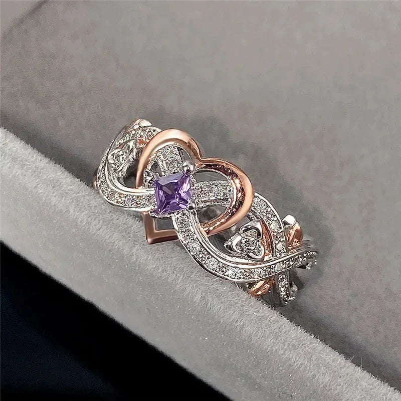 Luxury Women Love Heart Rings Romantic Rose Flower Ring Design Elegant Purple Zircon Wedding Rings Fashion Jewelry Кольца