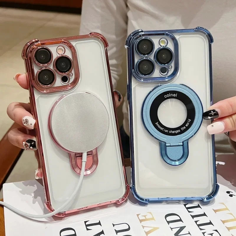 Luxury Plating Shockproof Magnetic Bracket For Magsafe Clear Case For iPhone 15 16 14 13 12 11 Pro Max With Holder Stand Cover