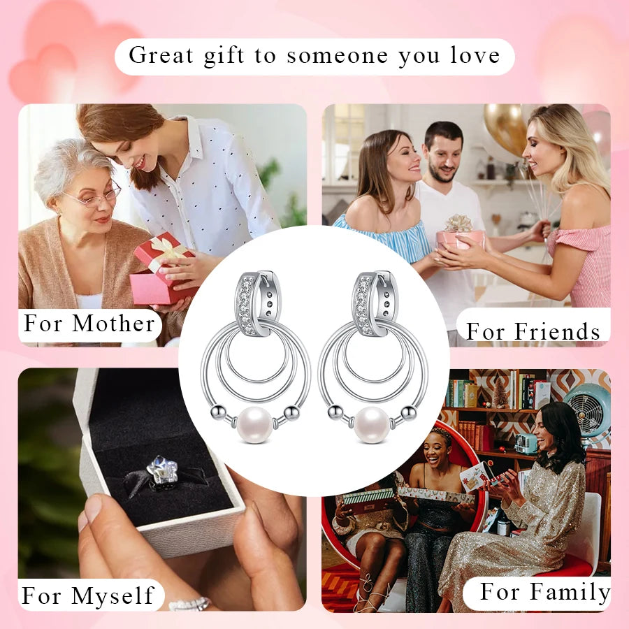 925 Sterling Silver Three-Ring Pearl Earrings – Elegant Dangle Earrings for Women, Classic Fashion Jewelry, Ideal Gift for All Occasions ✅FREE UK Delivery