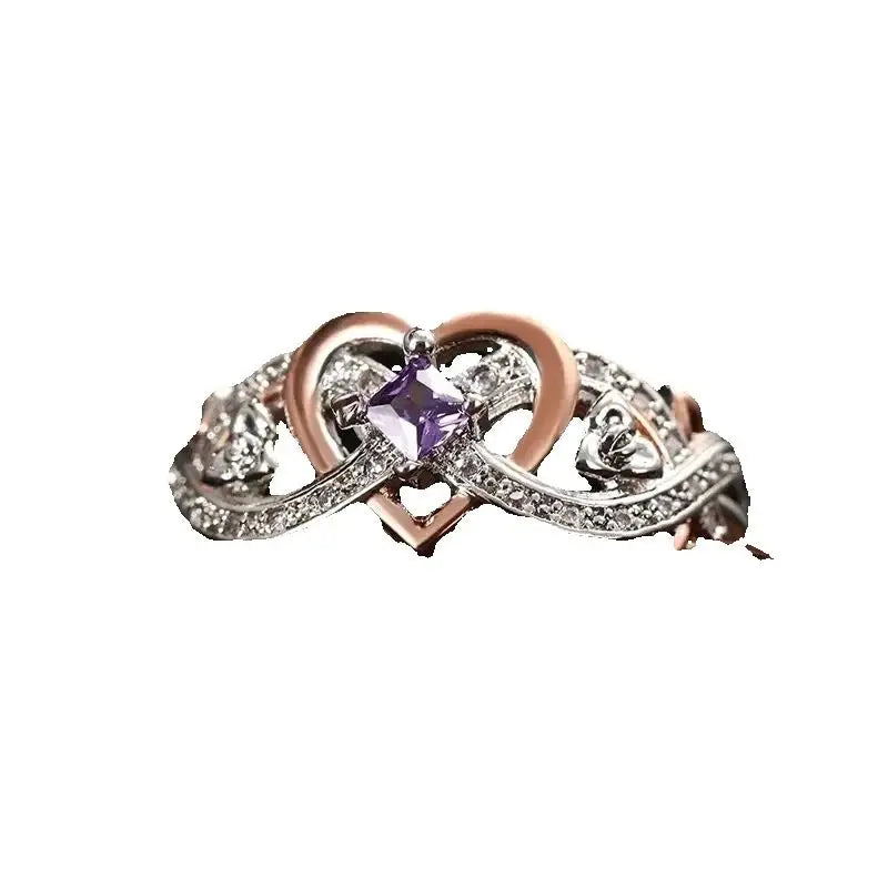 Luxury Women Love Heart Rings Romantic Rose Flower Ring Design Elegant Purple Zircon Wedding Rings Fashion Jewelry Кольца