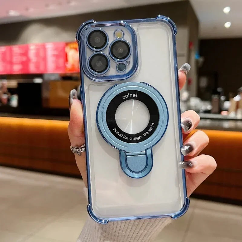 Luxury Plating Shockproof Magnetic Bracket For Magsafe Clear Case For iPhone 15 16 14 13 12 11 Pro Max With Holder Stand Cover