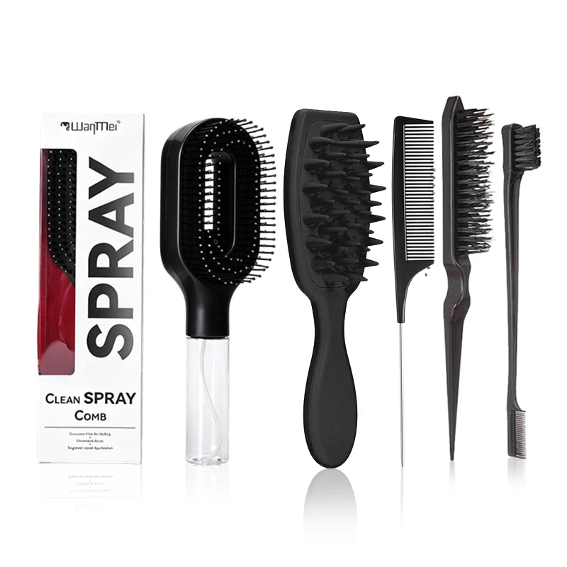 4-Piece Hair Styling Kit – Spray Comb, Scalp Massage Brush, Rat Tail Comb & Edge Brush