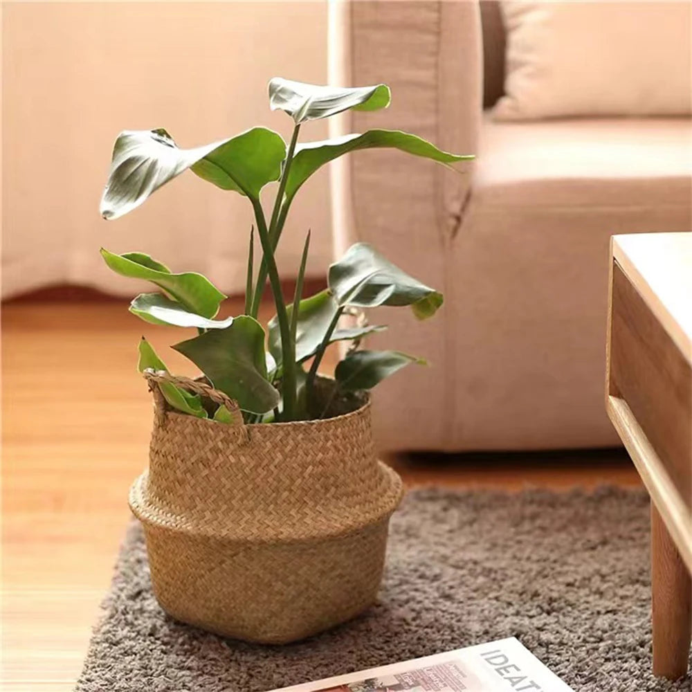 Plant Basket with Handles Wicker Basket Plant Pot Storage Basket Rattan Hanging Flower Pot Laundry Home Decor