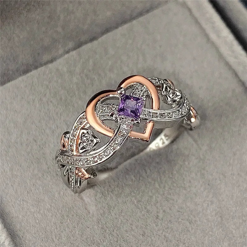 Luxury Women Love Heart Rings Romantic Rose Flower Ring Design Elegant Purple Zircon Wedding Rings Fashion Jewelry Кольца