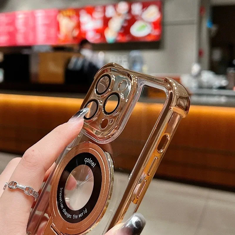 Luxury Plating Shockproof Magnetic Bracket For Magsafe Clear Case For iPhone 15 16 14 13 12 11 Pro Max With Holder Stand Cover