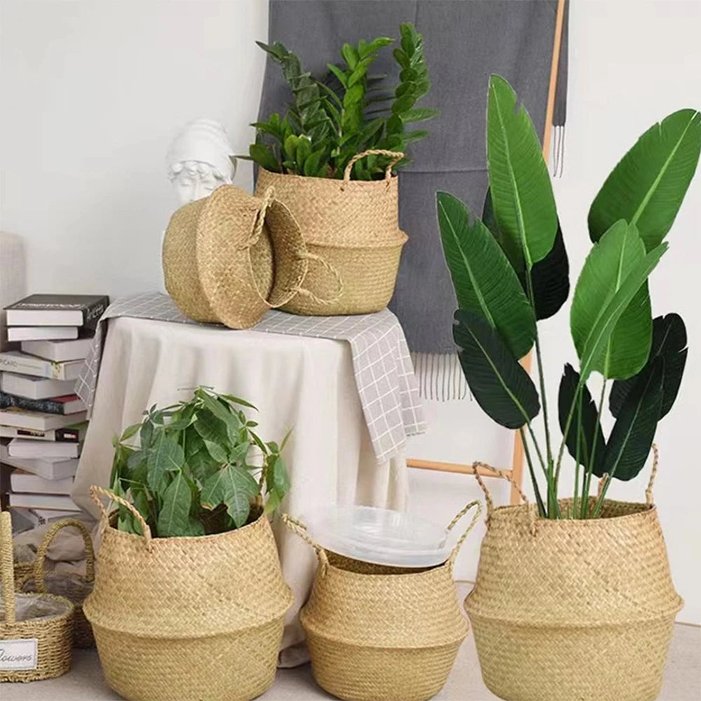 Plant Basket with Handles Wicker Basket Plant Pot Storage Basket Rattan Hanging Flower Pot Laundry Home Decor