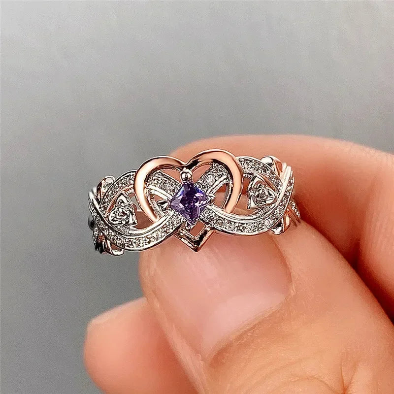 Luxury Women Love Heart Rings Romantic Rose Flower Ring Design Elegant Purple Zircon Wedding Rings Fashion Jewelry Кольца