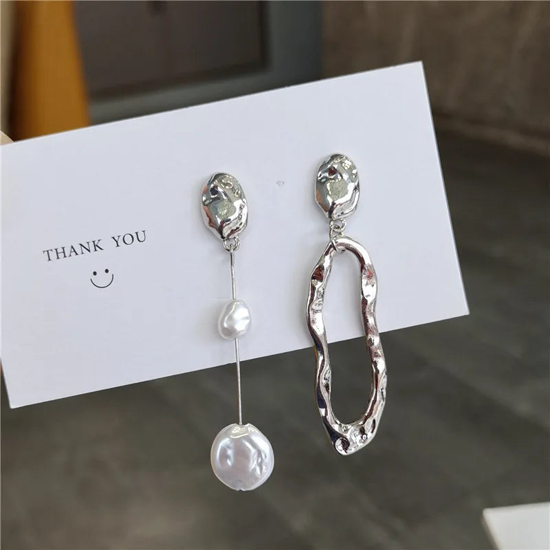 Asymmetric Long Earrings | Freshwater Pearl & Gold/Silver